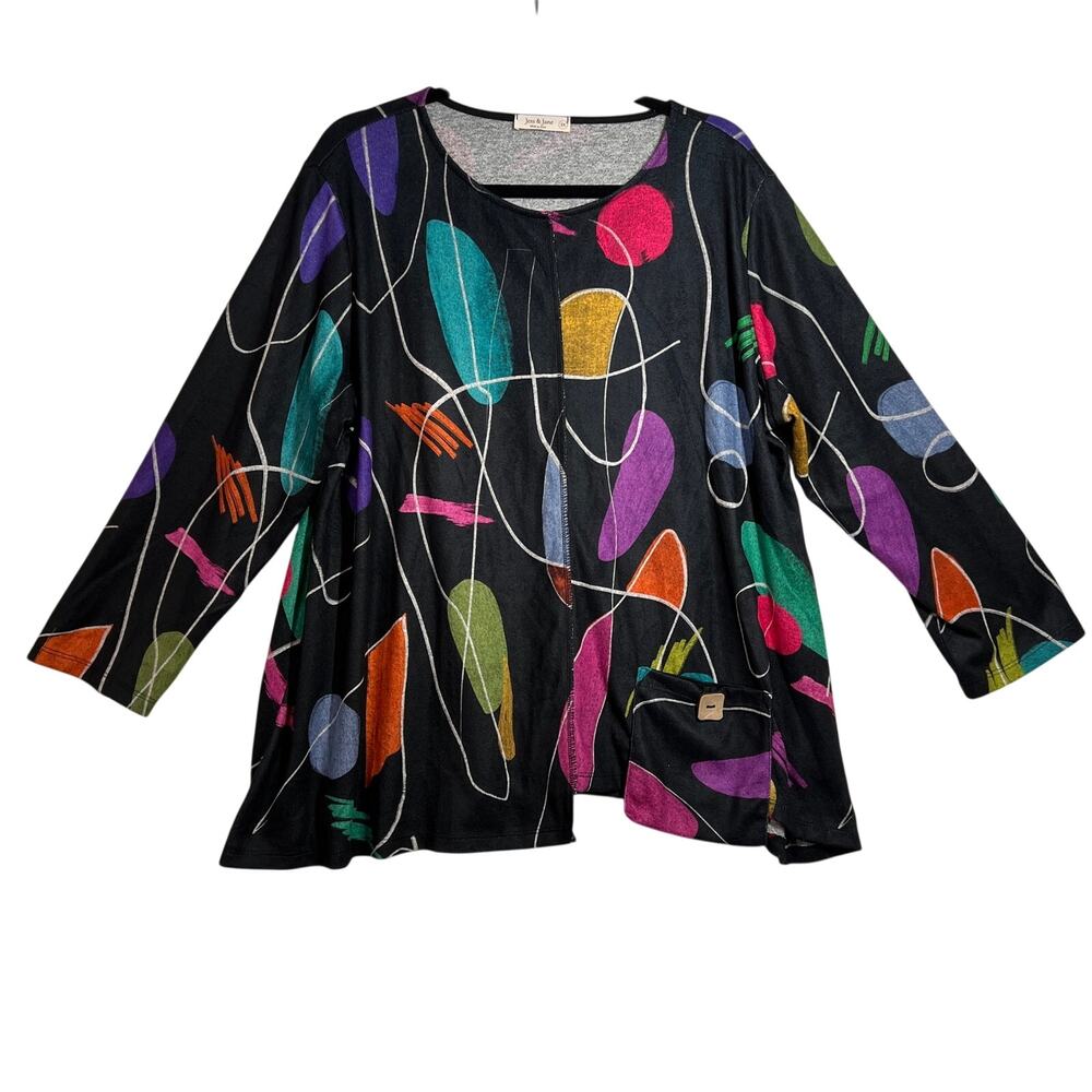 JESS & JANE Tunic Women 1X Black Multicolor Abstract Art Pocket Stretch USA